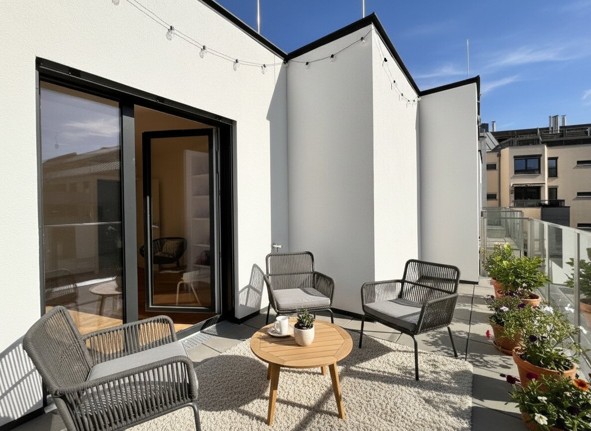 Terrasse (Visualisierung) - Erstbezug! Neubau-Reihenhaus mit Terrasse, Dachterrasse, Loggien & Garten (auch für Anleger)