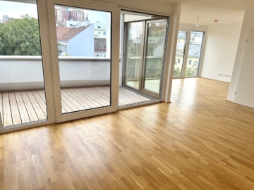 Wohn-/Essbereich - Stylische Neubauwohnung mit Dachterrasse und Blick über Wien in Bestlage zur Mariahilfer Straße!! ERSTBEZUG!